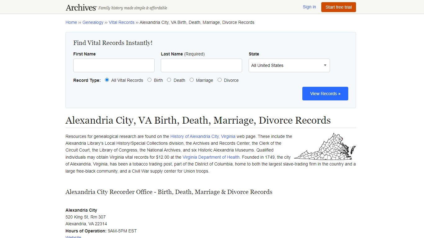 Alexandria City, VA Birth, Death, Marriage, Divorce Records